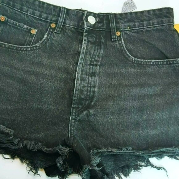 Zara High Rise Jean Shorts Size 8 Cutoff Distressed Button Fly Black - Picture 3 of 7